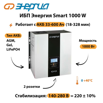 ИБП Энергия Smart 1000W - ИБП и АКБ - Энергия ИБП Smart - магазин электрооборудования amperomvolt.ru