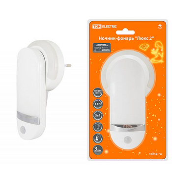 Ночник-фонарь TDM Люкс 2, 1х0,5 Вт + 11LED, 90 лм/Вт, Li-Ion 500 мАч, дат. освещ. и движ., 220 В - магазин электрооборудования amperomvolt.ru